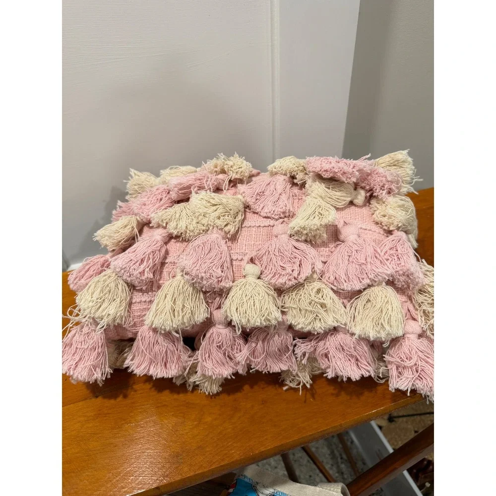 Boho Pink Woven Tassel Throw Pillow Cream Fringe Lumbar Decorative Accent 12x9